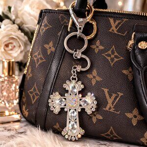 Rhinestone Cross Sparkling Silver Tone Keychain/Bag Statement Charm